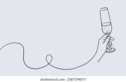 Continuous line champagne cheers one line art, continuous drawing contour. Wine glasses with drinks. Cheers toast festive decoration for holidays. Vector illustration