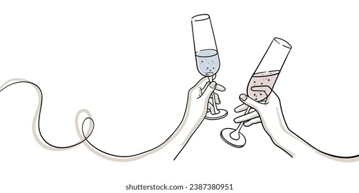 Continuous line champagne cheers one line art, continuous drawing contour on white background. Wine glasses with drinks. Cheers toast festive decoration for holidays. Vector illustration