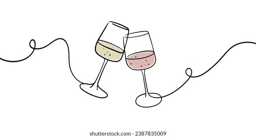 La línea continua de champán anima el arte de una línea, contorno continuo de dibujo. Vino gafas con bebidas. Saludos por la decoración festiva para las vacaciones. Ilustración del vector