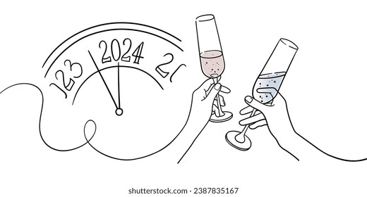 Continuous line champagne cheers one line art, continuous drawing contour on white background. Wine glasses with drinks. 2024 Cheers toast festive decoration for holidays. Vector illustration