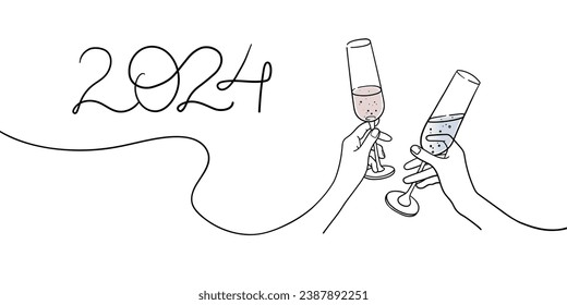 Continuous line champagne cheers one line art, continuous drawing contour on white background. Wine glasses with drinks. 2024 Cheers toast festive decoration for holidays. Vector illustration