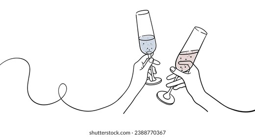 Continuous line champagne cheers one line art, continuous drawing contour on white background. Wine glasses with drinks. Cheers toast festive decoration for holidays. Vector illustration