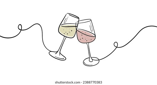 Continuous line champagne cheers one line art, continuous drawing contour. Wine glasses with drinks. Cheers toast festive decoration for holidays. Vector illustration