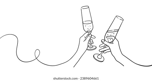 Continuous line champagne cheers one line art, continuous drawing contour on blue background. Wine glasses with drinks. Cheers toast festive decoration for holidays. Vector illustration