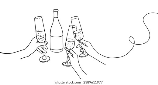 Continuous line champagne cheers one line art, continuous drawing contour on white background. Wine glasses with drinks. Cheers toast festive decoration for holidays. Vector illustration