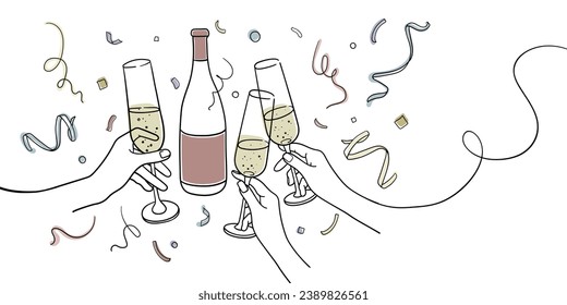Continuous line champagne cheers one line art, continuous drawing contour on white background. 3 Wine glasses with drinks. Cheers toast festive decoration for happiness holidays. 