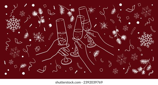 Continuous line champagne cheers one line art, continuous drawing confetti contour on red background. 3 Wine glasses with drinks. Cheers toast festive decoration for holidays. Vector illustration