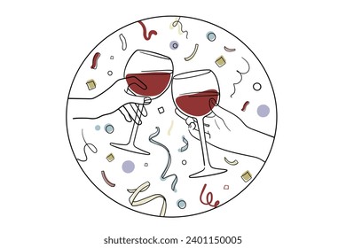 Continuous line champagne cheers one line art, continuous drawing contour in circle on white background. 2024 Cheers toast festive decoration for holidays. Vector illustration