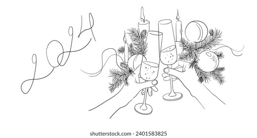 Continuous line champagne cheers one line art, continuous drawing contour on white background. 2024 Cheers toast festive decoration for holidays. Vector illustration