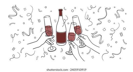 Continuous line champagne cheers one line art, continuous drawing contour. Hands toasting with wine glasses with drinks. 2024 Cheers toast decorative 