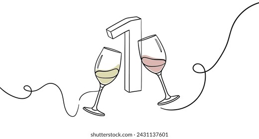 Continuous line champagne cheers one line art, number 1 with glasses continuous drawing contour. Cheers toast festive decoration for holidays. Vector illustration	