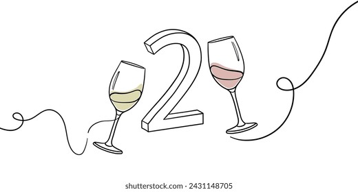 Continuous line champagne cheers one line art, number 2 with glasses continuous drawing contour. Cheers toast festive decoration for holidays. Vector illustration	