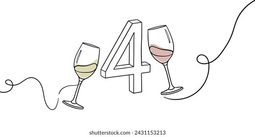 Continuous line champagne cheers one line art, number 4 with glasses continuous drawing contour. Cheers toast festive decoration for holidays. Vector illustration	