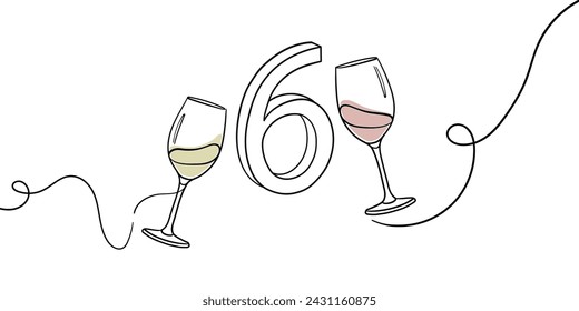 Continuous line champagne cheers one line art, number 6 with glasses continuous drawing contour. Cheers toast festive decoration for holidays. Vector illustration	