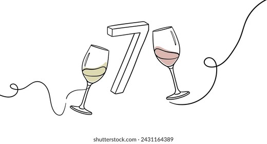 Continuous line champagne cheers one line art, number 7 with glasses continuous drawing contour. Cheers toast festive decoration for holidays. Vector illustration	