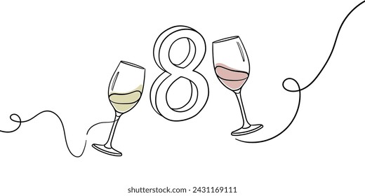 Continuous line champagne cheers one line art, number 8 with glasses continuous drawing contour. Cheers toast festive decoration for holidays. Vector illustration	