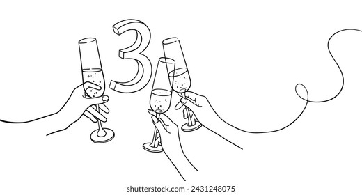 Continuous line champagne cheers one line art, number 3 with glasses continuous drawing contour. Cheers toast festive decoration for holidays. Vector illustration	