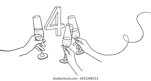 Continuous line champagne cheers one line art, number 4 with glasses continuous drawing contour. Cheers toast festive decoration for holidays. Vector illustration	