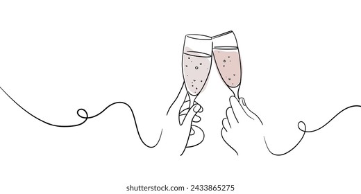 Continuous line champagne cheers one line art, continuous drawing contour. Hands toasting with wine glasses with drinks. Cheers toast festive decoration for holidays. Vector illustration	