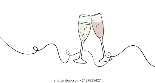 Continuous line champagne cheers one line art, continuous drawing contour. Hands toasting with wine glasses with drinks. Cheers toast festive decoration for holidays. Vector illustration