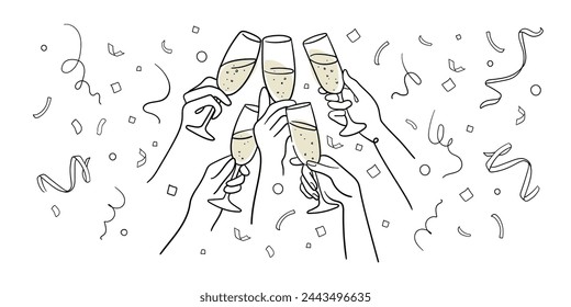 Continuous line champagne cheers one line art, continuous drawing contour. 5 hands toasting with wine glasses with drinks. Cheers toast festive decoration for holidays. Vector illustration