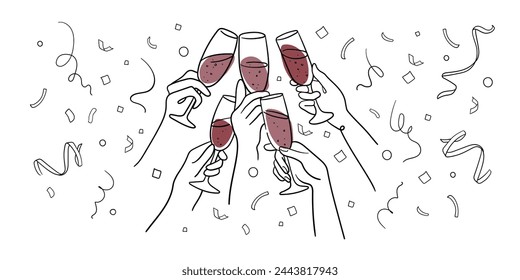 El champán de línea continua anima una línea de arte, contorno de dibujo continuo. 5 manos de tostado con copas de vino tinto con bebidas. Brindemos por la decoración festiva para las fiestas. Ilustración de vector