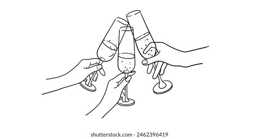 Continuous line champagne cheers one line art, continuous drawing contour. Toasting with wine glasses with drinks. Cheers toast festive decoration for holidays. Vector illustration	