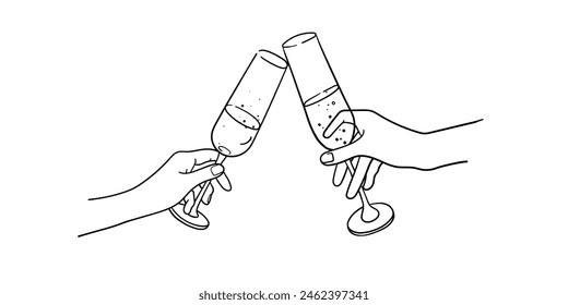 Continuous line champagne cheers one line art, continuous drawing contour. Toasting with wine glasses with drinks. Cheers toast festive decoration for holidays. Vector illustration	