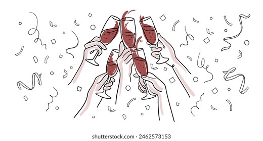 El champán de línea continua anima una línea de arte, contorno de dibujo continuo. 5 manos de tostado con copas de vino tinto con bebidas. Brindemos por la decoración festiva para las fiestas. Ilustración vectorial	