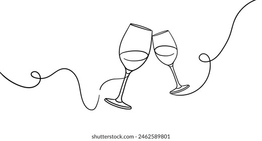 Continuous line champagne cheers one line art, continuous drawing contour. Hands toasting with wine glasses with drinks. Cheers toast festive decoration for holidays. Vector illustration	