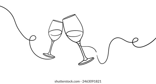 Continuous line champagne cheers one line art, continuous drawing contour. Hands toasting with wine glasses with drinks. Cheers toast festive decoration for holidays. Vector illustration	