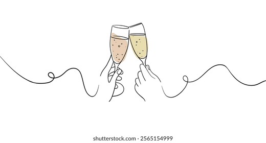 Continuous line champagne cheers one line art, continuous drawing contour. Hands toasting with wine glasses with drinks. Cheers toast festive decoration for holidays. Vector illustration	