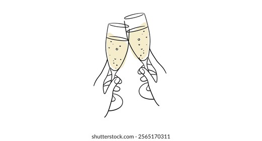 Continuous line champagne cheers one line art, continuous drawing contour. Hands toasting with wine glasses with drinks. Cheers toast festive decoration for holidays. Vector illustration	