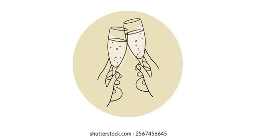 Continuous line champagne cheers one line art, continuous drawing contour. Hands toasting with wine glasses with drinks. Cheers toast festive decoration for holidays. Vector illustration	