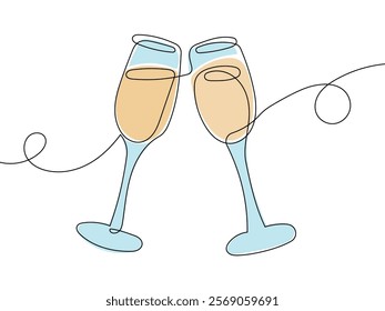 Continuous line champagne cheers one line art, continuous drawing contour. Cheers toast festive decoration for holidays.