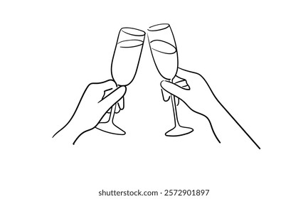 Continuous line champagne cheers one line art, continuous drawing contour. Hands toasting with wine glasses with drinks. Cheers toast festive decoration for holidays. Vector illustration	