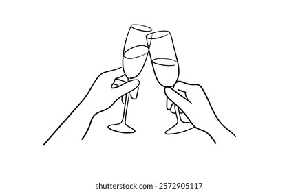 Continuous line champagne cheers one line art, continuous drawing contour. Hands toasting with wine glasses with drinks. Cheers toast festive decoration for holidays. Vector illustration	