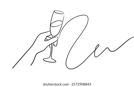 Continuous line champagne cheers one line art, continuous drawing contour. Hands toasting with wine glasses with drinks. Cheers toast festive decoration for holidays. Vector illustration	