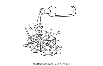 O champanhe de linha contínua anima uma arte de linha, contorno de desenho contínuo. Mãos brindando com copos de vinho com bebidas. Torradas brinde decoração festiva para férias. Ilustração vetorial	