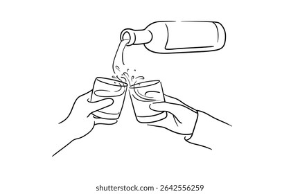 O champanhe de linha contínua anima uma arte de linha, contorno de desenho contínuo. Mãos brindando com copos de vinho com bebidas. Torradas brinde decoração festiva para férias. Ilustração vetorial	