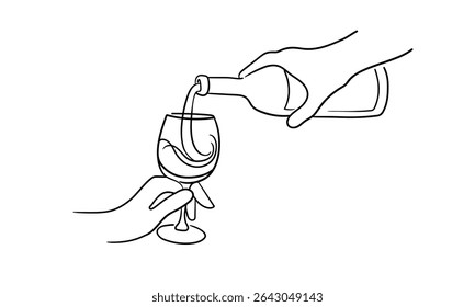O champanhe de linha contínua anima uma arte de linha, contorno de desenho contínuo. Mãos brindando com copos de vinho com bebidas. Torradas brinde decoração festiva para férias. Ilustração vetorial	