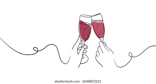 Continuous line champagne cheers one line art, continuous drawing contour. Cheers wine toast festive decoration for holidays. Vector illustration
