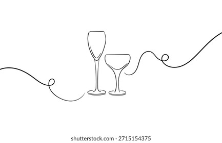 La línea continua de champán anima el arte de una línea, el contorno de dibujo continuo. Manos tostadas con copas de vino con bebidas. Brindis por la decoración festiva para las vacaciones. Ilustración vectorial	