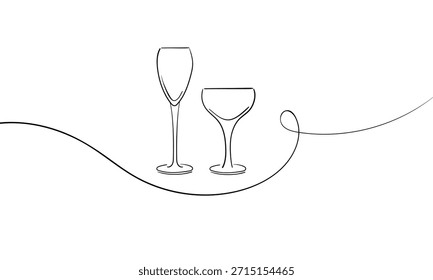 Continuous line champagne cheers one line art, continuous drawing contour. Hands toasting with wine glasses with drinks. Cheers toast festive decoration for holidays. Vector illustration	