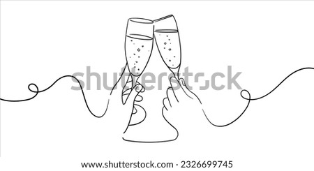 Continuous line champagne cheers one line art, continuous drawing contour. Hands toasting with wine glasses with drinks. Cheers toast festive decoration for holidays. Vector illustration