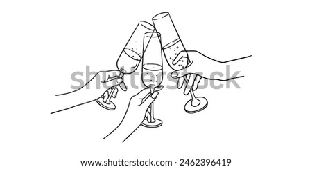 Continuous line champagne cheers one line art, continuous drawing contour. Toasting with wine glasses with drinks. Cheers toast festive decoration for holidays. Vector illustration	