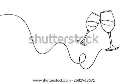 Continuous line champagne cheers one line art, continuous drawing contour. Hands toasting with wine glasses with drinks. Cheers toast festive decoration for holidays. Vector illustration	
