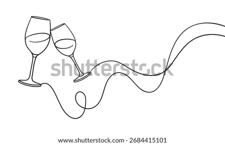Continuous line champagne cheers one line art, continuous drawing contour. Hands toasting with wine glasses with drinks. Cheers toast festive decoration for holidays. Vector illustration	