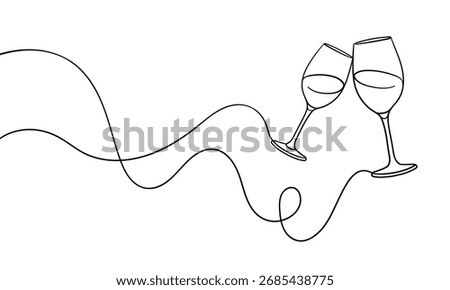Continuous line champagne cheers one line art, continuous drawing contour. Hands toasting with wine glasses with drinks. Cheers toast festive decoration for holidays. Vector illustration	
