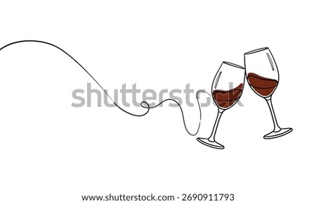 Continuous line champagne cheers one line art, continuous drawing contour.Toasting with wine glasses with drinks. Cheers toast festive decoration for holidays. Vector illustration on white background